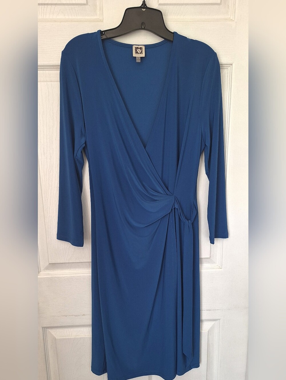 Anne Klein Blue Faux Wrap Dress Size 10 Midi Career Cocktail Stretch